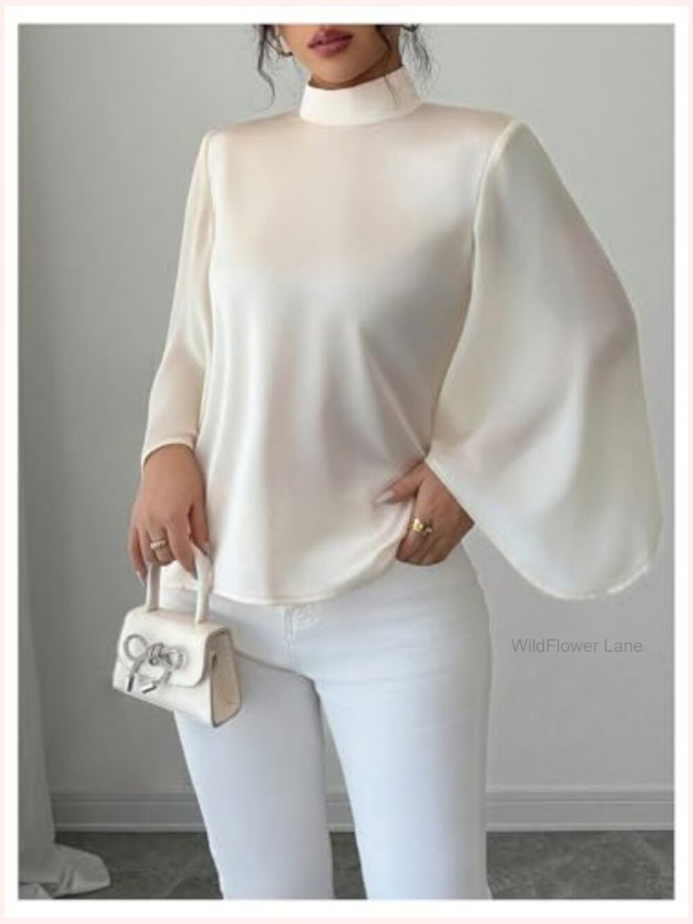 Elegant Flounce Sleeve Blouse Top Satin Mock Neck Business Casual Shirt - Picture 5 of 5